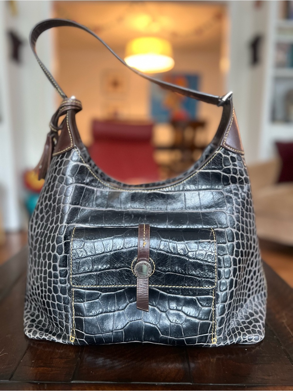 Dooney & Bourke Croc Embossed Leather Hobo Shoulder Bag Black Brown Tassel